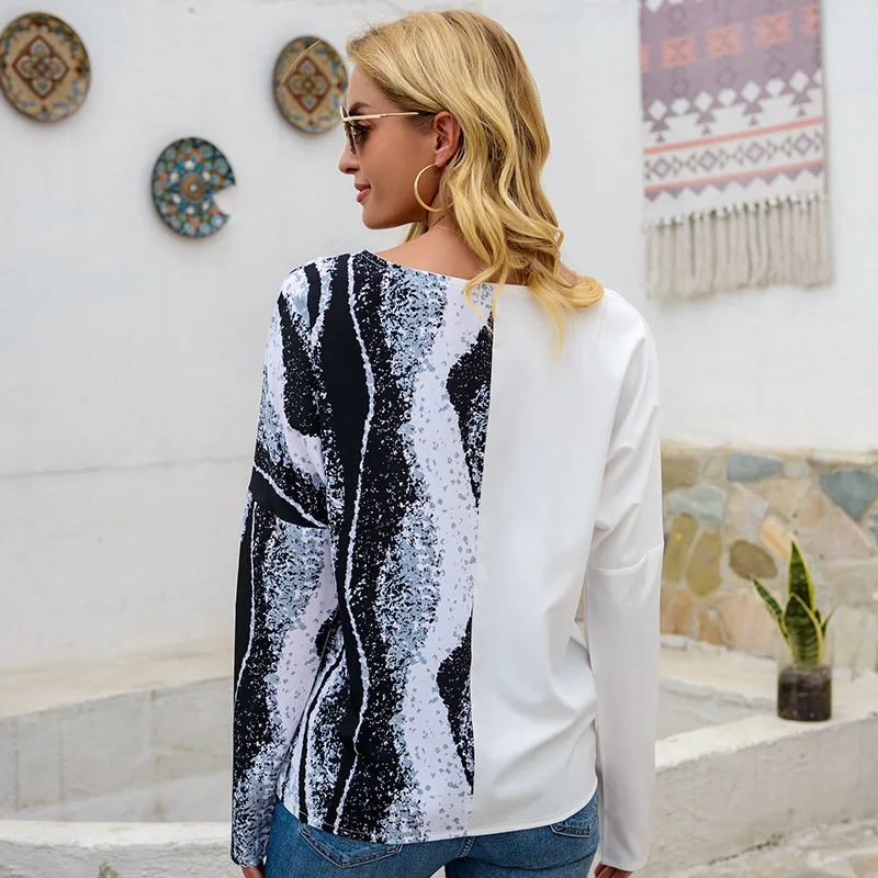 

Contrast Color Patchwork V Neck Women T Shirt Casual Loose Long Sleeve Ladies Tops Daily Life Homewear Blouse Femme