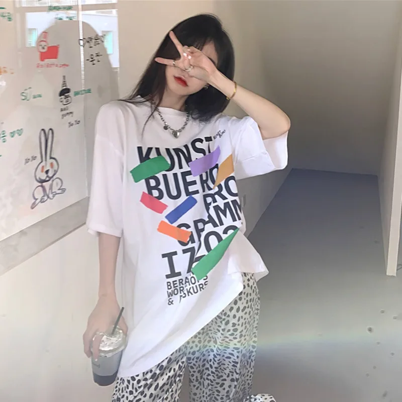 

YICIYA American street t-shirt summer personality retro printing loose short-sleeved contrast color halter mid-length blouse