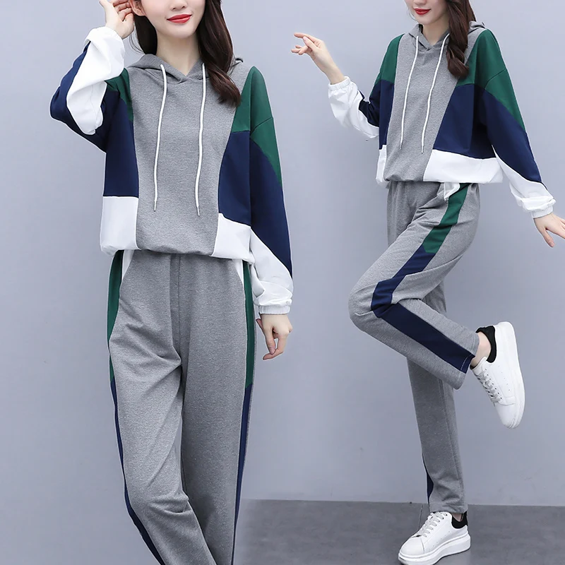 Autumn Women Patchwork Two Piece Set Plus Size Long Sleeve Hooded Tops And Pant Matching Outfits Casual Tracksuit Sport Suit | Женская