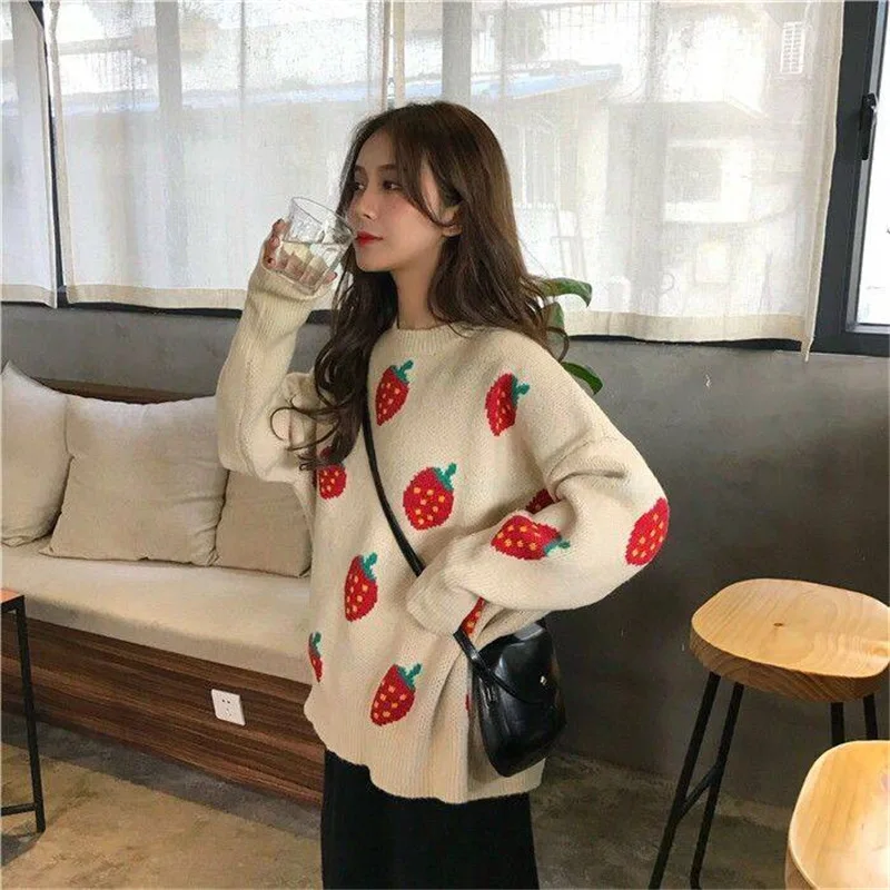 Cute Korean Fashion Ladies Full Sleeve Women Knitting Sweater O-Neck Pullover And Jumper Loose Fruit Print | Женская одежда