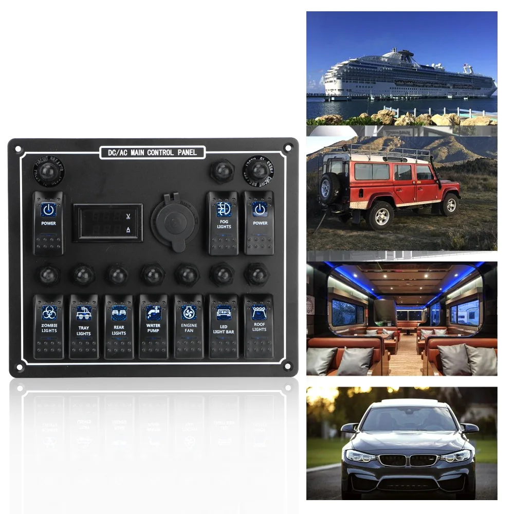 

Waterproof Car Auto Marine Overload Protection 15A DC Output Rocker Switch Panel Dual Power Control LED AC/DC 10 Gang