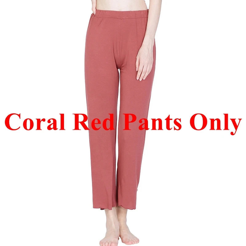 Coral Red Pants Only Mferlier/Осенняя женская пижама из бамбукового волокна, удобная ночная рубашка с круглым вырезом и длинными рукавами+ штаны, однотонный эластичный женский пижамный комплект - Цвет: Coral Red Pants Only