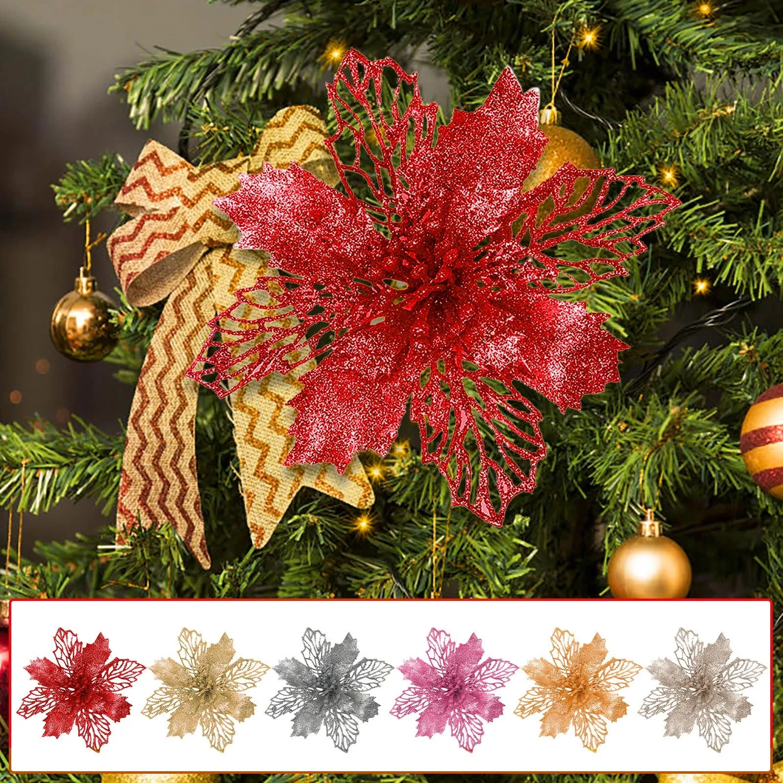 

Искусственные Рождественские цветы, 6 шт., блестящие искусственные цветы, рождественская елка, украшение для дома, «сделай сам», рождественс...