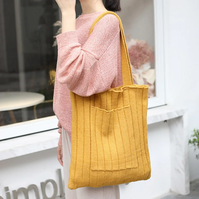 

Simple Design Knitting Tote Bag Women Korean Style Casual Crochet Handbag 2021 Female Fall&winter Reusable Open Top-handle Bag