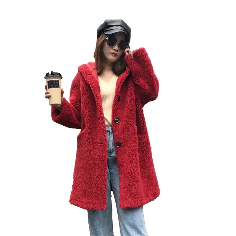 Sheep Shearing Coat Women's Mid-length Composite Fur One-piece Hooded Loose Wool Fur Granular Fleece Red Blue Winter Coats