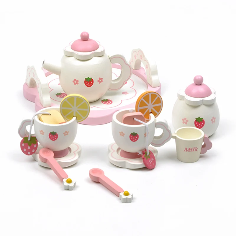

Girls Toys Simulate Wooden Kitchen Toys Pink Tea Set Play House Educational Toy Tools Baby Early Education Puzzle Tableware Gift