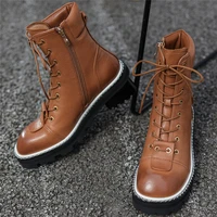 round toe creepers women lace up genuine leather high heel motorcycle boots female high top platform pumps shoes casual shoes