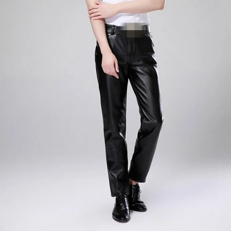 

Men Luxury Cowskin Motorcycle Large Size Straight Genuine Leather Trousers New Warm Slim Fit Business Casual Pants