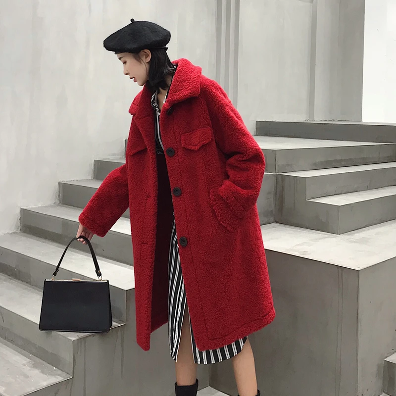 Настоящее женское длинное корейское однотонное теплое шерстяное пальто зимняя