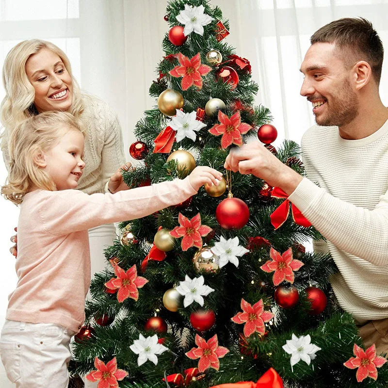 

5/10PCs Christmas Decorations silk Glitter Artificial Flowers Navidad Ornaments Xmas Tree for Home Decor Party 2022New Year Gift