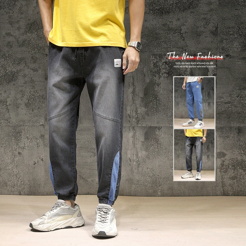 M 8XLJeans мужские брюки с принтом пэчворк эластичной резинкой на талии узкие для