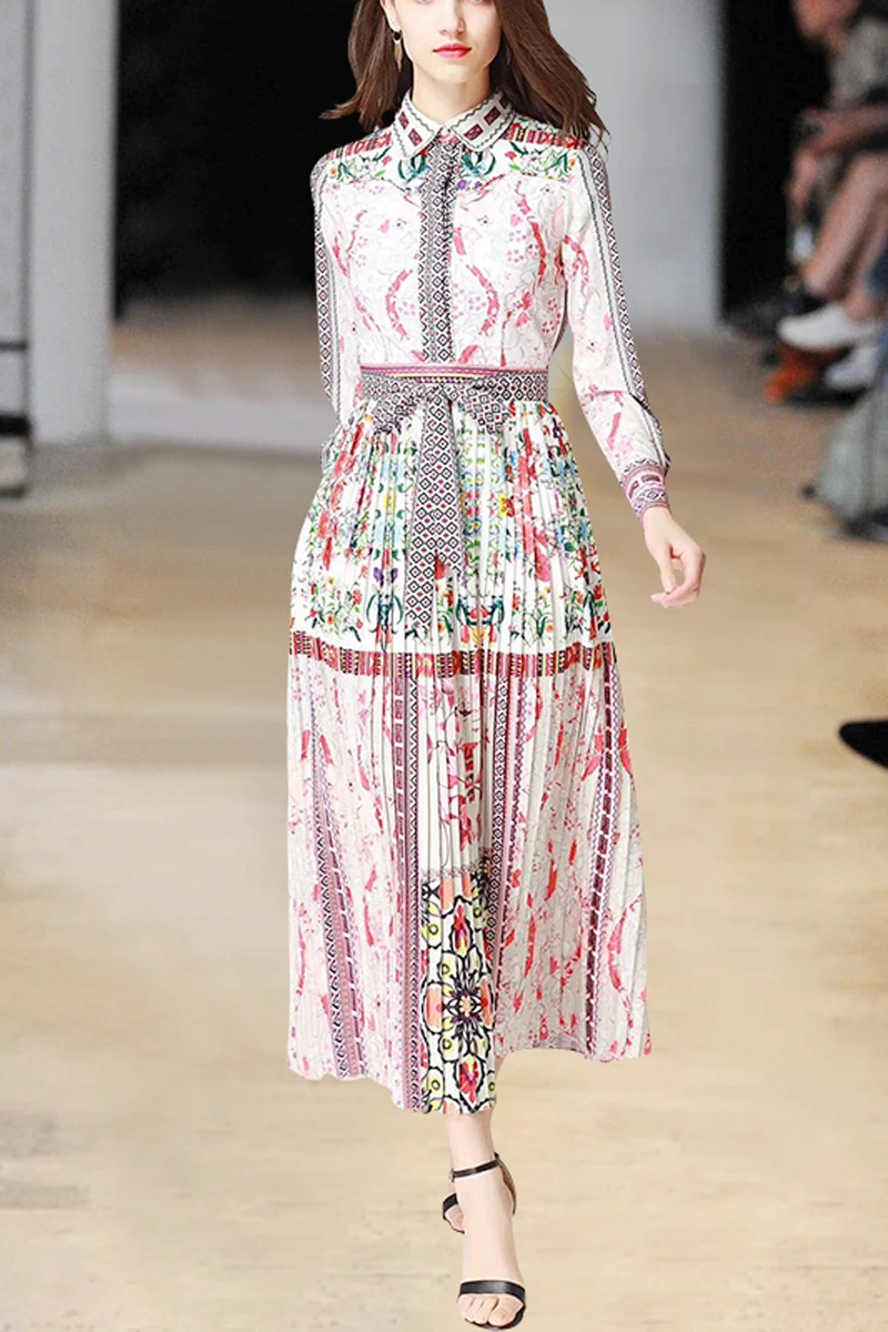 

Autumn show new Lapel long sleeve slim print pleated holiday dress fashion dress