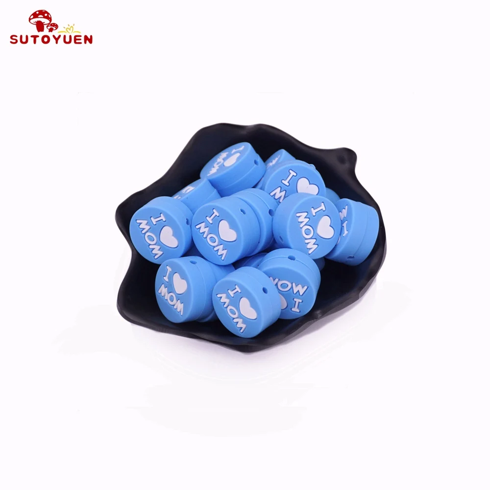 Blue love mom 5 шт. силиконовые бусины I Love DAD плоские круглые Прорезыватели для зубов детский Прорезыватель застежка ожерелье Изготовление ювелирных изделий пищевой - Цвет: Blue love mom