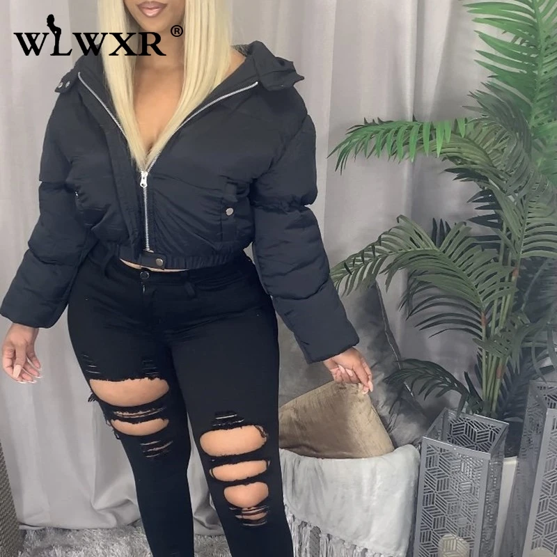 WLWXR зимняя черная укороченная куртка-пуховик с капюшоном Женская однотонная