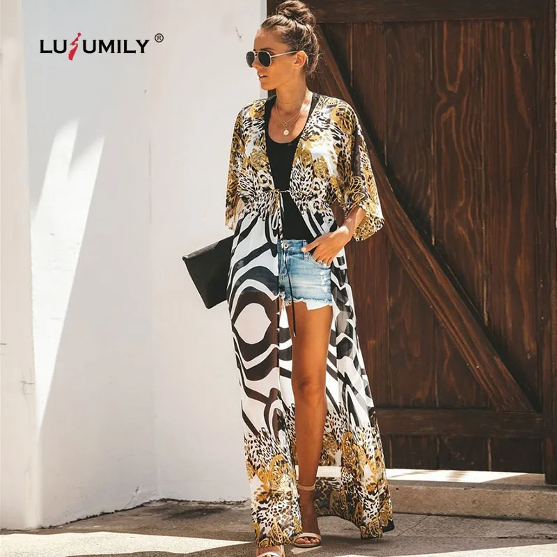 

Lusumily Loose Cover Up Beach Long Maxi Dress Women Leopard V Neck Dress Robe Bathing Suit Beachwear Women's Cardigan