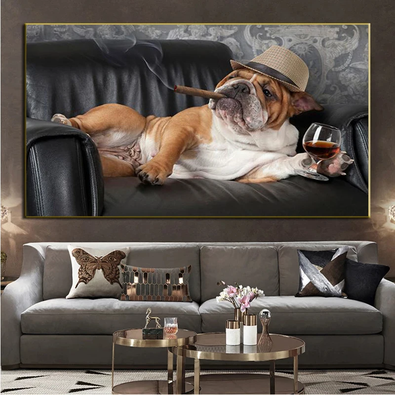 

Dog Drinking Red Wine Smoking on The Sofa Picture for Modern Animal Canvas Art Painting Living Room Home Decoration