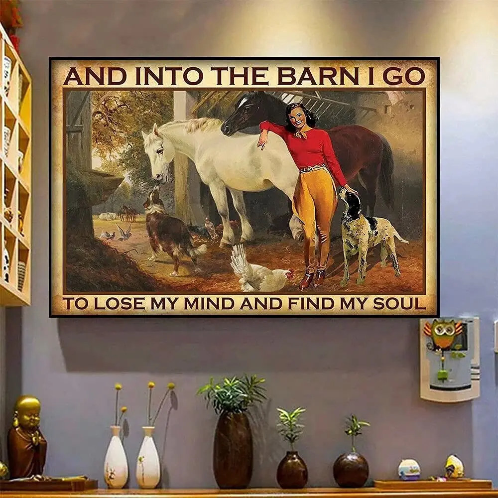

Barn Metal Sign,Cowgirl Horses Dogs Chickens,Metal Wall Panel Retro Art Decoration for Home Club Cabin Garage Store Bar Cafe