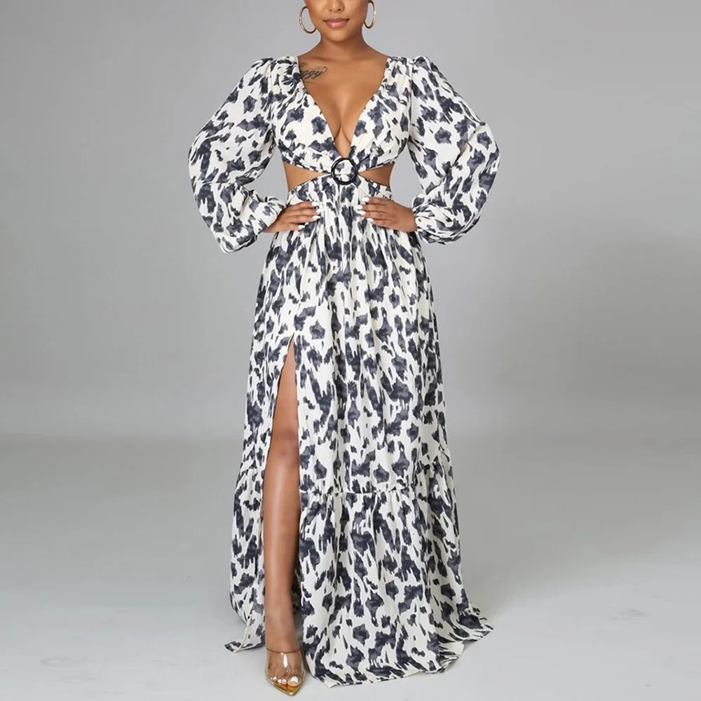 

Women Sexy Leopard Print Long Dresses High Waisted Full Sleeve Backless Elegant Evening Night Party Club Wear Vestidos Mujer New