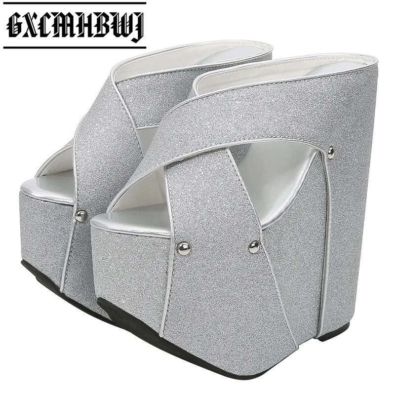 

GXCMHBWJ 2021 Ladies Sexy Fashion Cross Straps Super High Heels Thick Bottom Hate High Sandals Fish Head Shoes Wedge Flip Flops