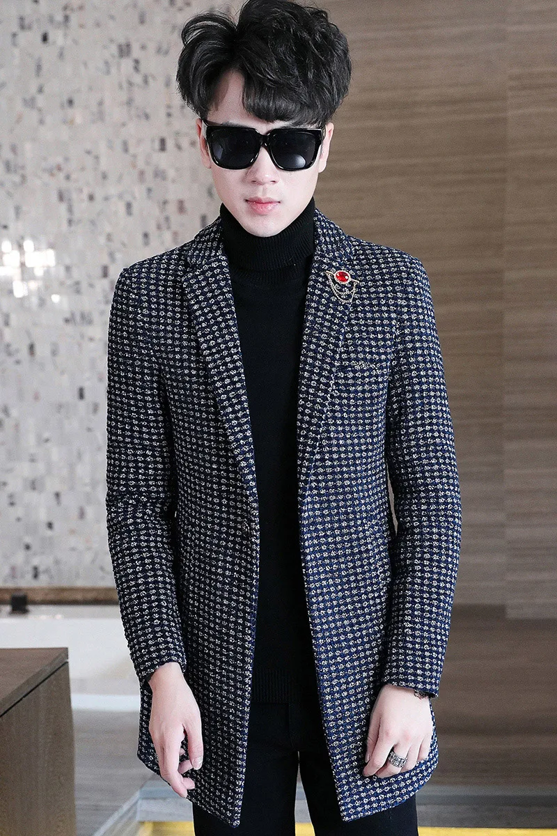 

Autumn and winter handsome mid-length suit men's trendy hair stylist jacket Korean style slim woolen coat for teenagers