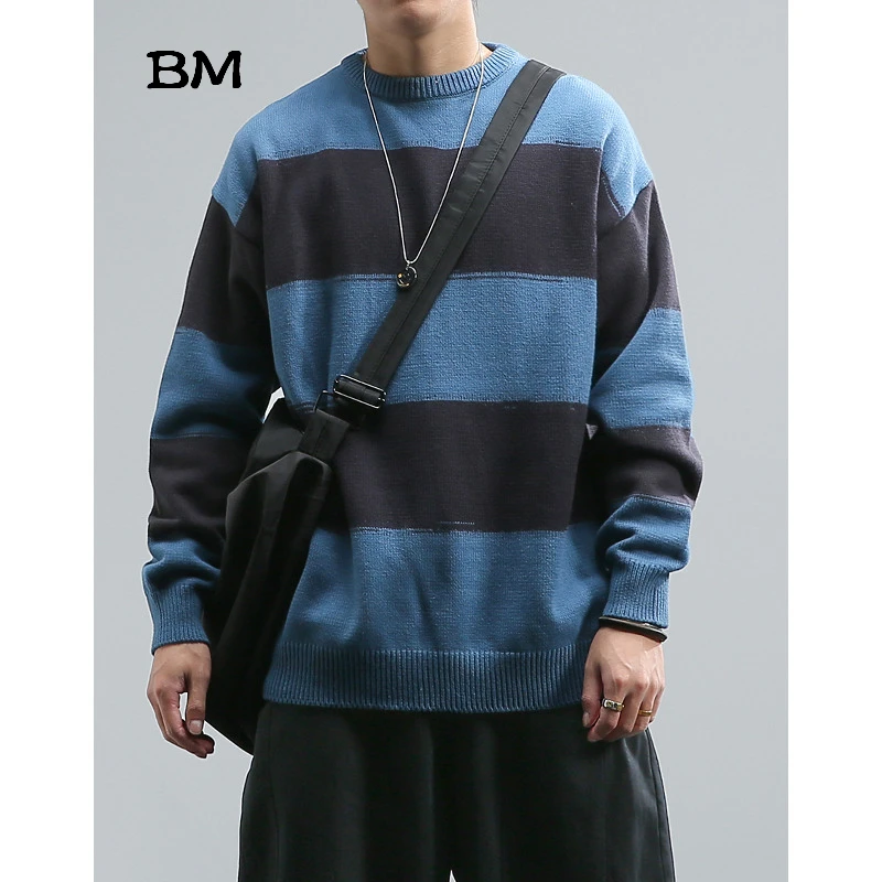 Осенне зимний полосатый контрастный свитер с круглым вырезом мужской свободный