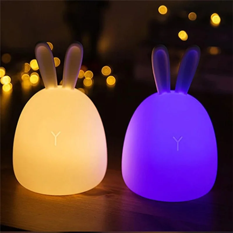 

Colorful Silicone Rabbit LED Night Lights USB Rechargeable Touch Sensor Bedroom Bedside Table Lamp Decor for Kids Christmas Gift