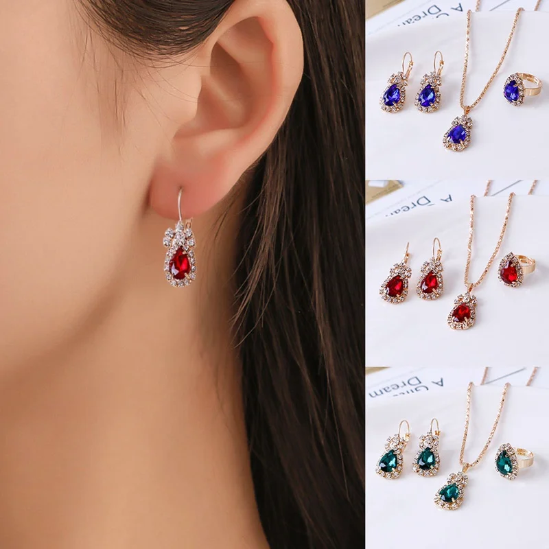 

Personalized Water Drop Diamond Necklace Earring Ring Ring Set - Green / Blue / Red Women's Party Wedding Jewelry Gift 1 Set