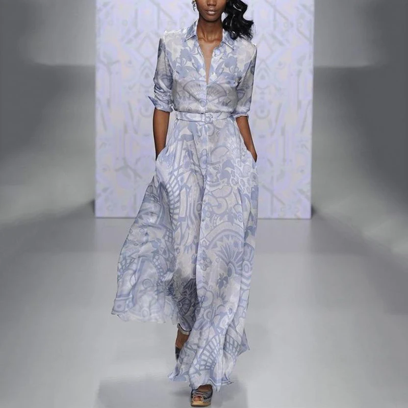 

New Women Slim Fit High Waist Dress With Sashes Summer Printing Long Sleeve Button Dress Elegant Female Streetwear Casual Dress