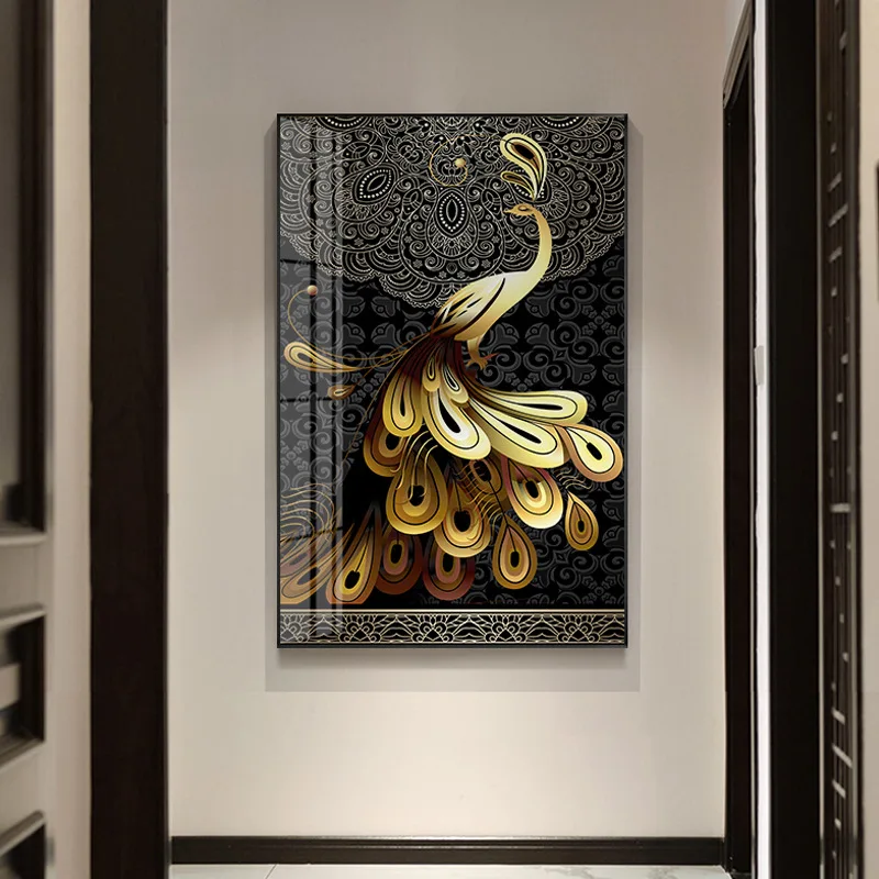 

Canvas Paintings Living Room Framework Wall Art Golden Peacock Pictures Black pattern HD Prints Tail Peafowl Poster Home Decor