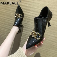 women shoes autumn new 8 cm banquet high heels fashion pointed toe chain ladies single shoes leather set foot mother shoes