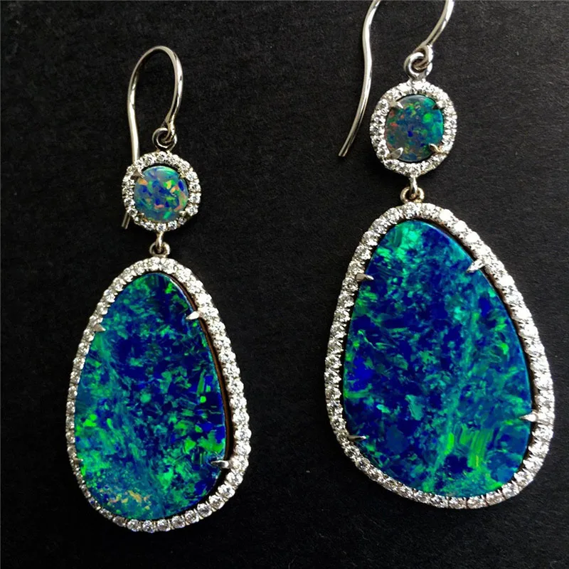 

Fashion Geometric Blue Opal Dangle Earrings Bling Iced Out Rhinestone Crystal Zircon for Women Party Popular Jewelry