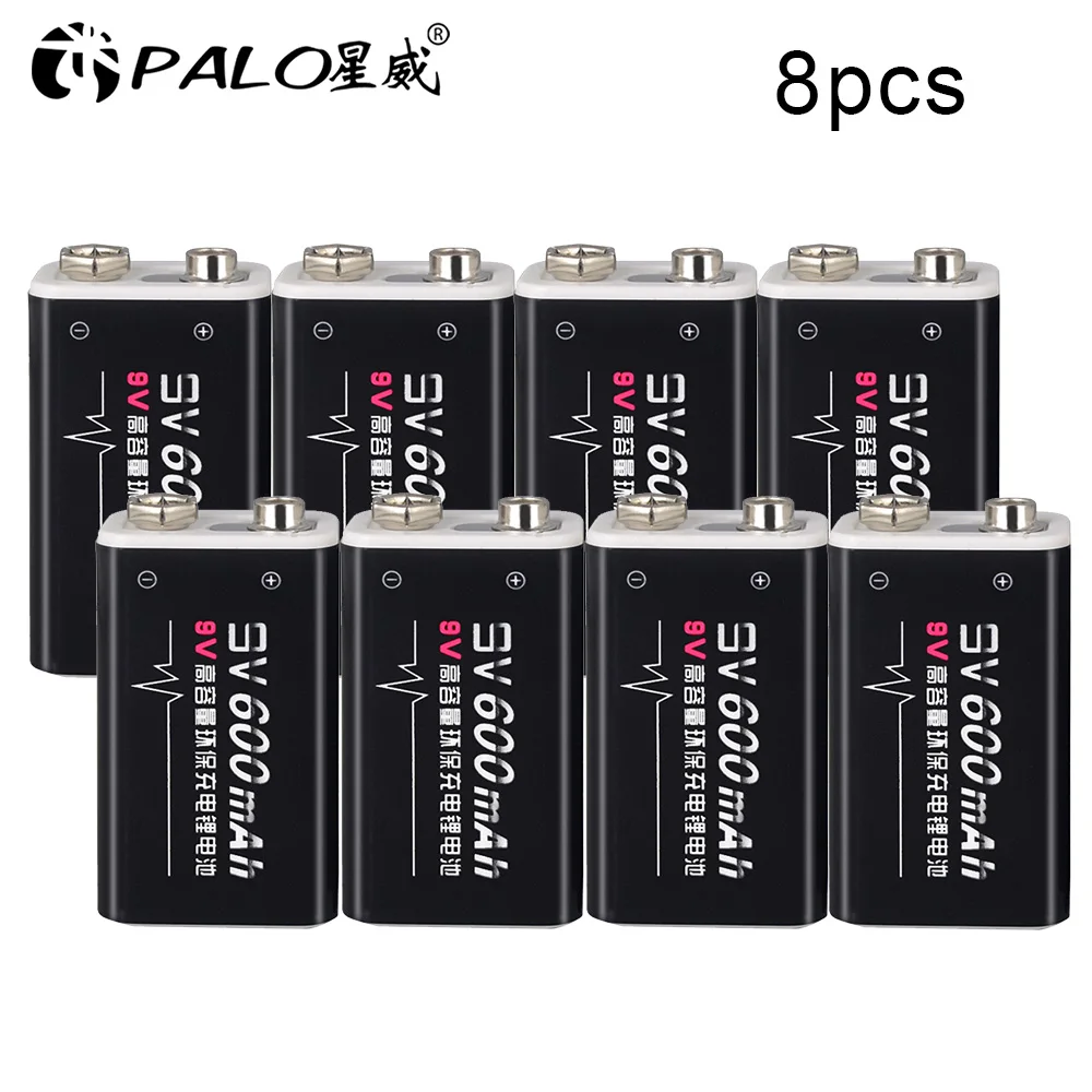 8PCS PALO 600 мА/ч, Батарея 9В батареи 6f22 6F22X 6LR61 9V ионно-литиевая Перезаряжаемые Батарея для радио, Камера, игрушки и так далее - Цвет: 8PCS