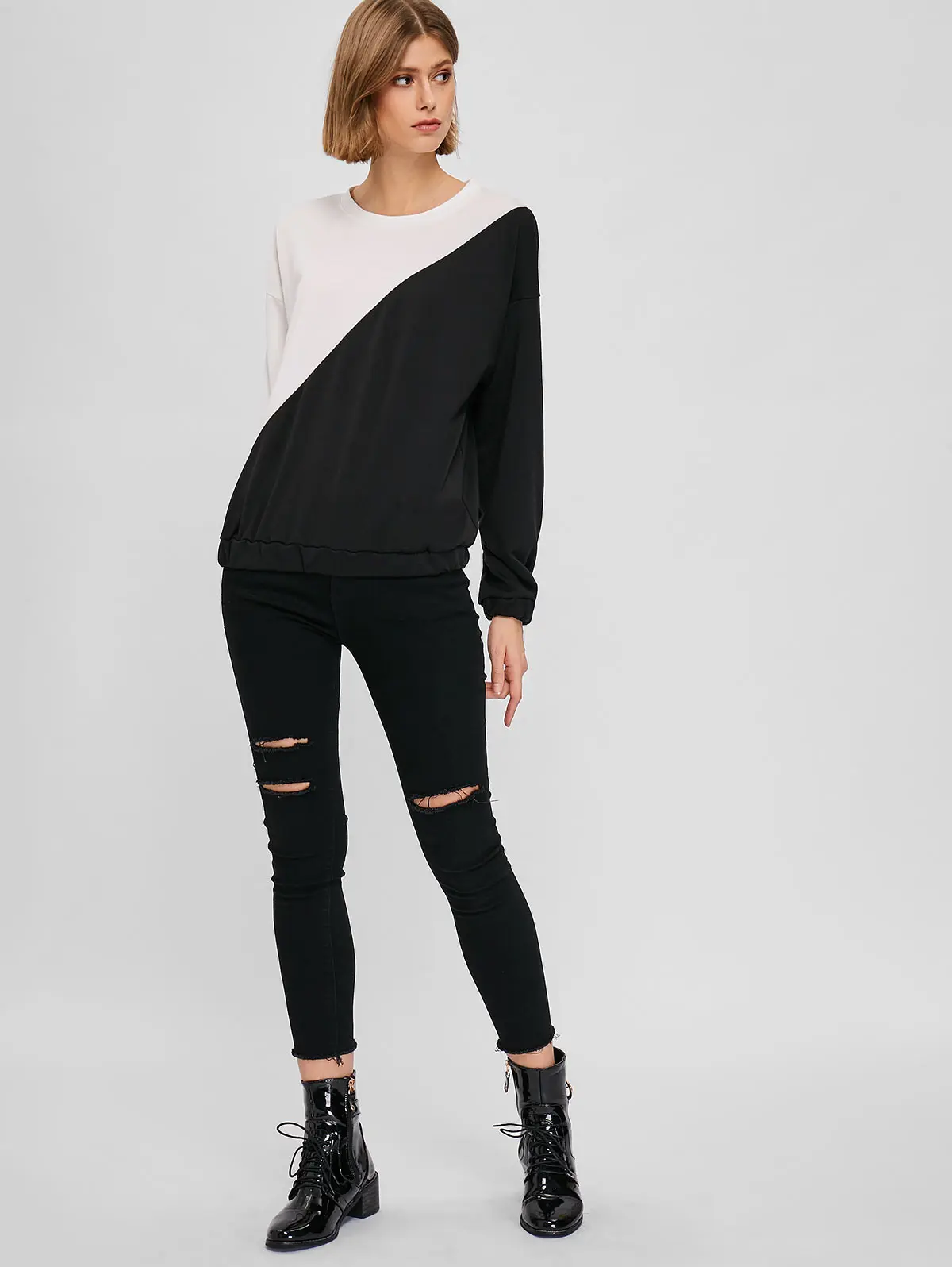 ZAFUL One Size Drop Color Block Sweatshirt Two-Tone Design Elastic Cuffs Edgy Touch Contrasting Sports Pullover Tops Fashion2019 | Женская