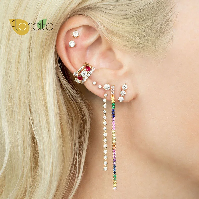 

925 Sterling Silver Long Tassel Crystal Zircon Drop Earrings For Women Geometry Rainbow CZ Hanging Earrings Fashion Ear Jewelry