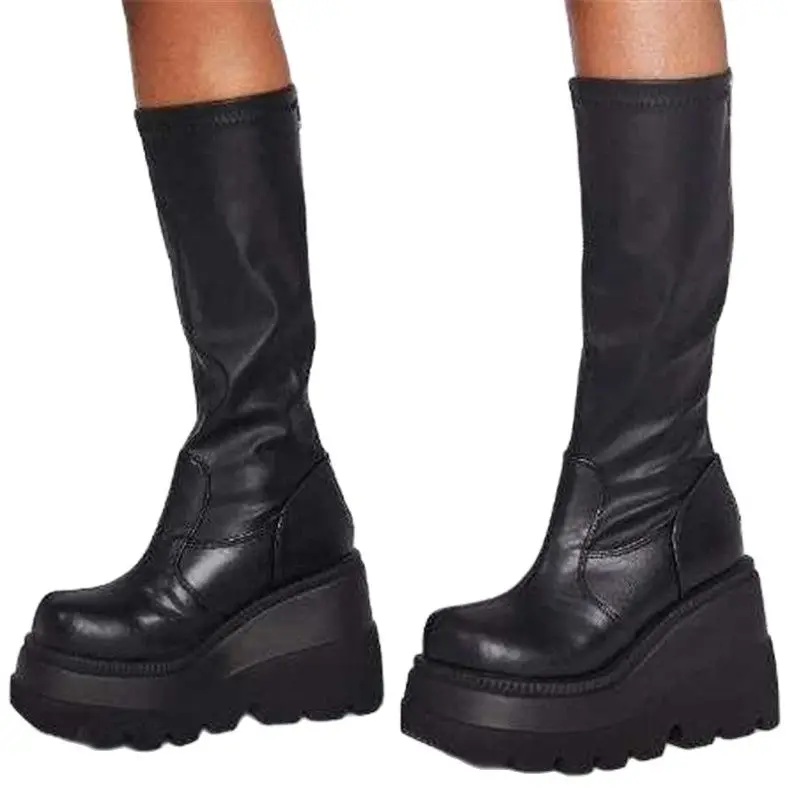 

Woman Ankle Platform Boots Winter New Fashion Thick High Heels Round Toe Black Shoes Comfortable Female Dress Party Long Booties