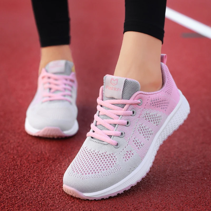 Gray Pink Новинка года; женская обувь на плоской подошве; модная повседневная женская обувь; женские дышащие кроссовки из сетчатого материала на шнуровке; zapatillas mujer - Цвет: Gray Pink