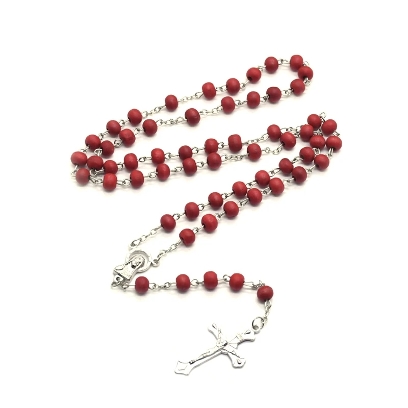 

Rosary Necklace for Women Wooden Beads Cross Pendant Catholic Christian Jesus Necklaces Jewelry Charm Prayer Gifts