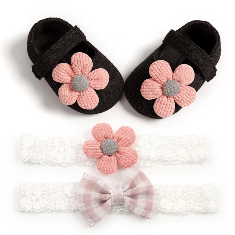 2020 Sweet Flower Princess Baby Step Front Shoes+ 2 Hair Tie Set White 12-18L Size