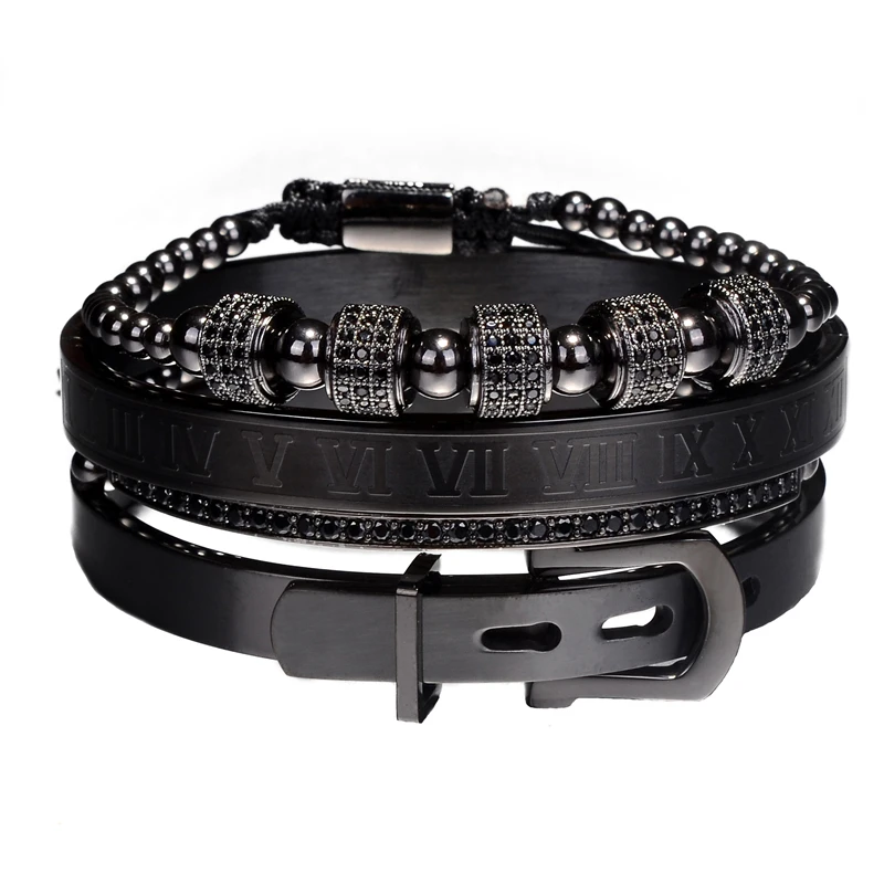 Black Set C Роскошный Римский Королевский браслет с шармом с короной Мужская мода Золотой Плетеный Регулируемый мужской браслет для хип-хопа ювелирный подарок - Окраска металла: Black Set C