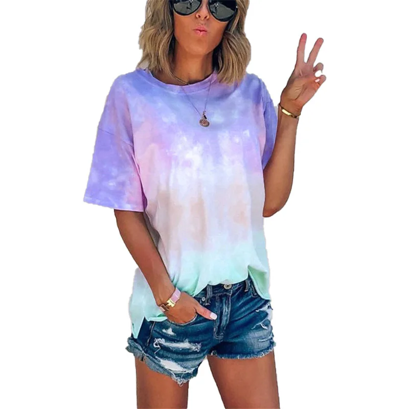 

FashionSummer New Style European And American Tie-dye Gradient Printing Loose T-shirt Women's Top Short Casual Polyester