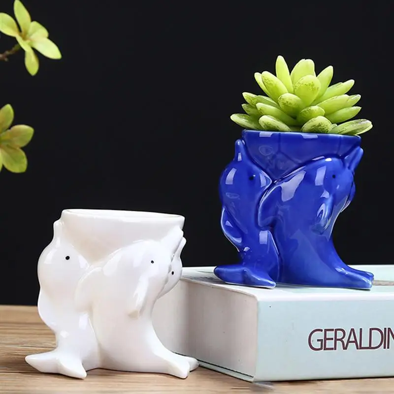 

1 Pair Dolphin Shape Pen Holder Flower Pot Succulent Plant Holders (Blue)
