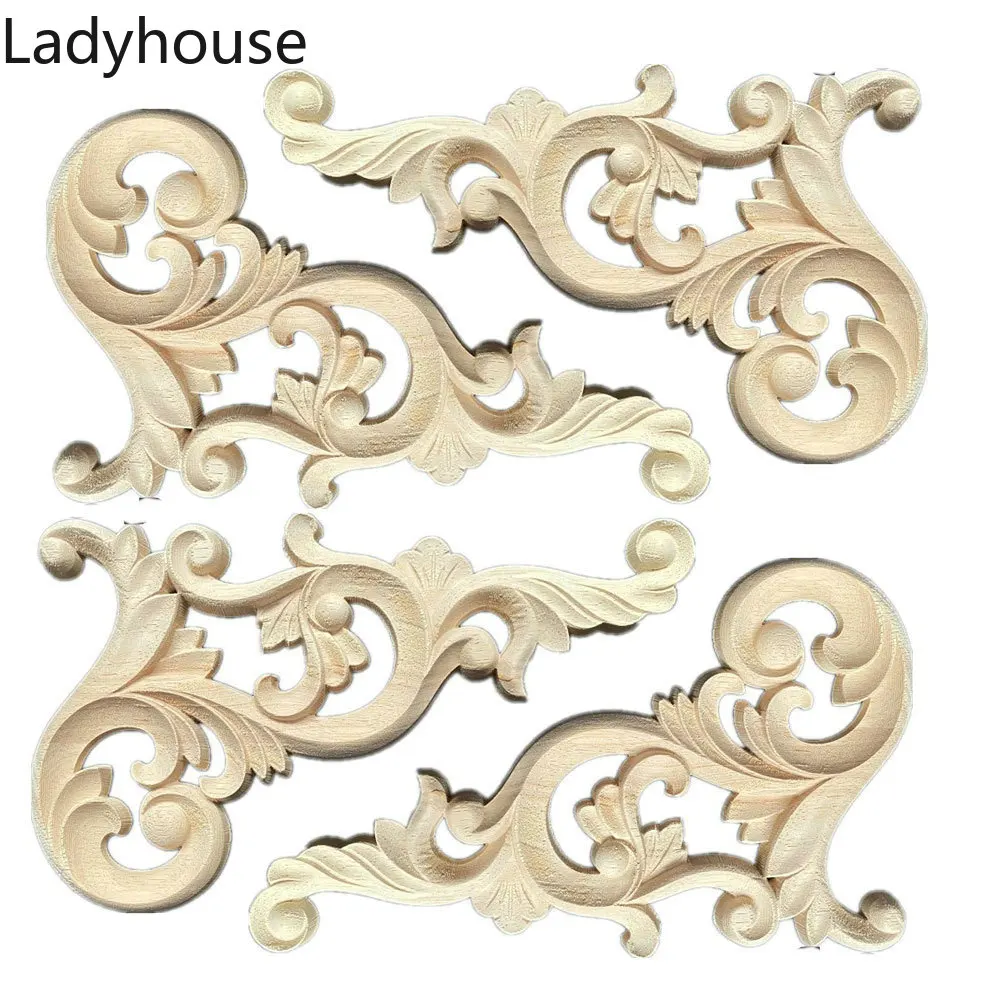 

4PCS Floral Wood Carved Decal Corner Applique Decorate Frame Wall Doors Furniture Wooden Figurines Cabinet Decorative Crafts