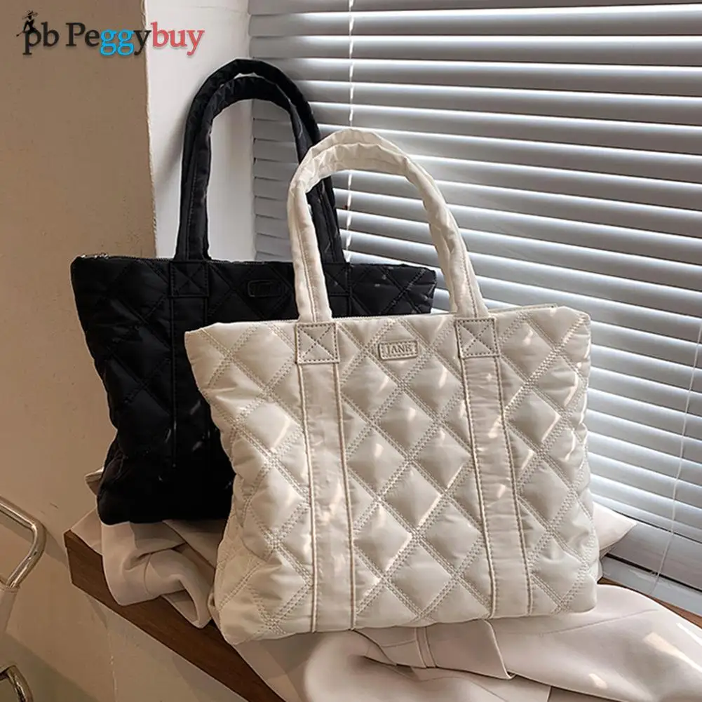 

Fashion Nylon Cotton Padded Diamond Lattice Handbag Solid Color Large Capacity Top-handle Bag Zipper Shoulder Bag сумка женская