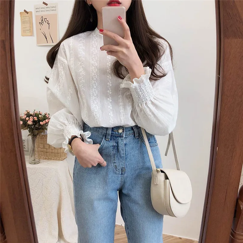 Женская блузка топ рубашки Корейская Милая Кружевная рубашка с вышивкой для
