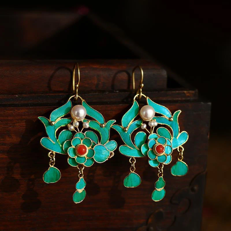 

Оригинальные дизайнерские эмалированные фарфоровые серьги ручной работы, Длинные блестящие Позолоченные жемчужины, китайские ретро очаро...