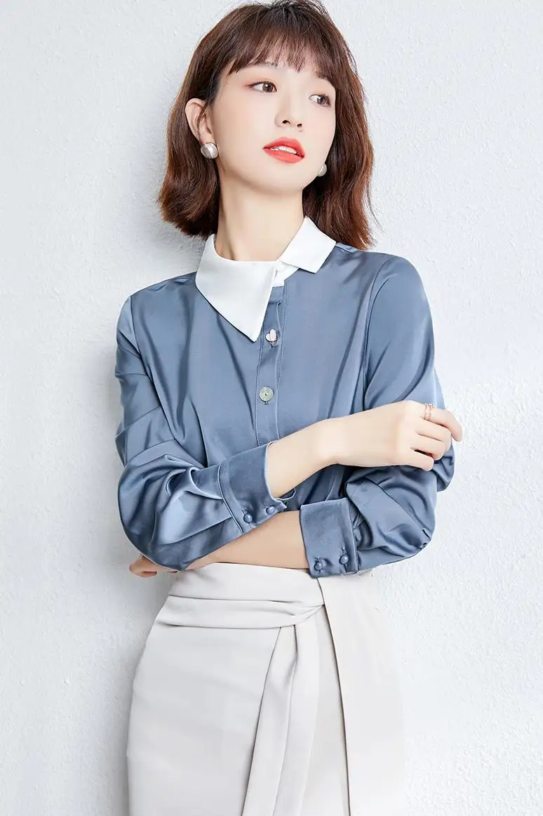 

COIGARSAM Fashion Full Sleeve Shirt Womens tops New Spring Women shirts Pale Blue 1085