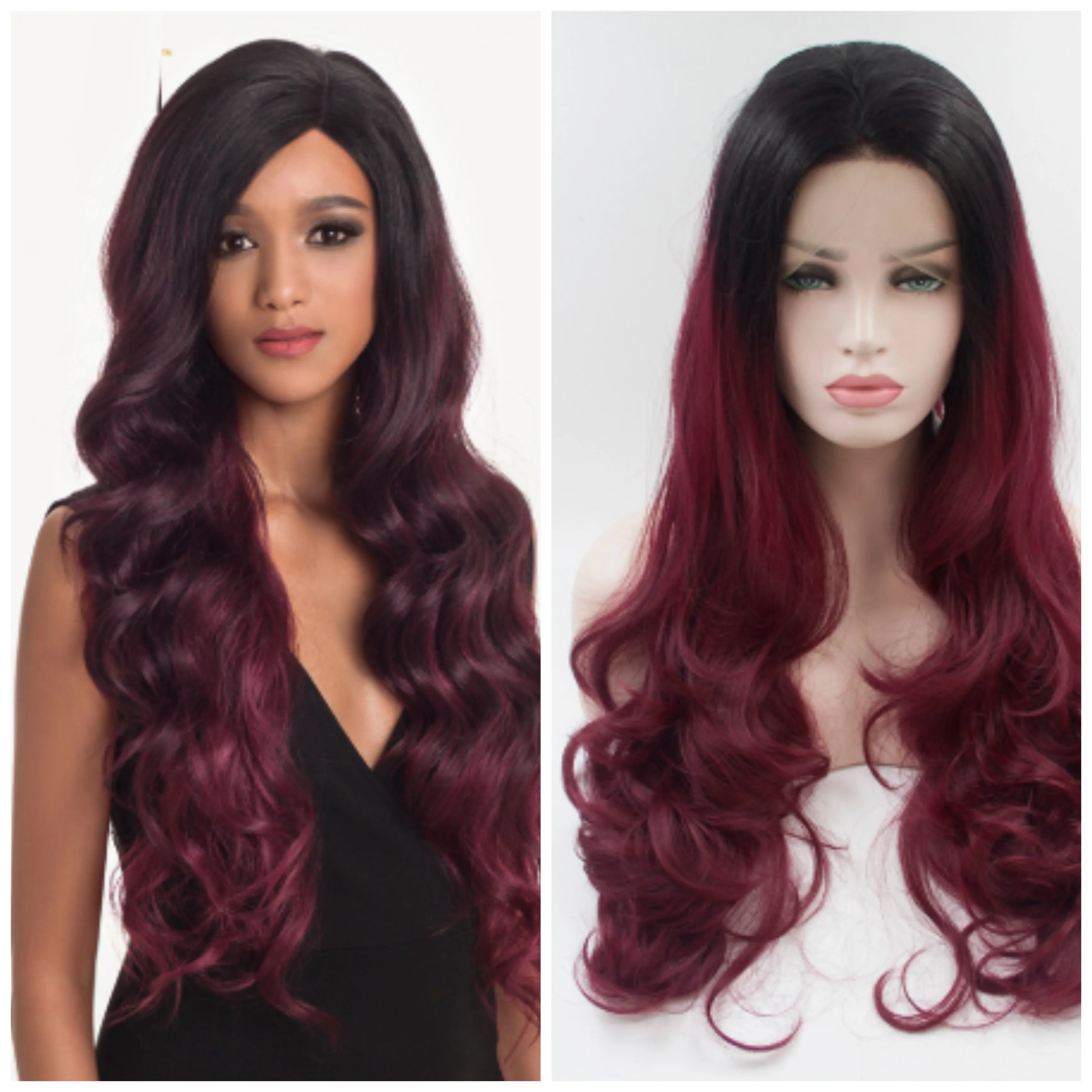 Черный желтый Омбре красный цвет волнистые волосы на кружеве парик Блестящий