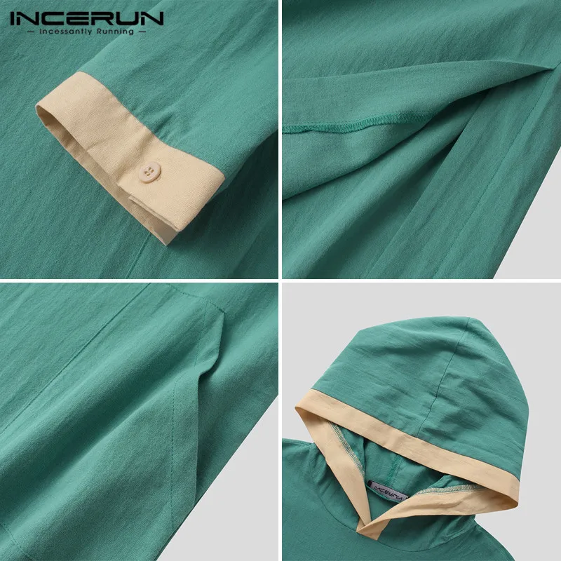 

INCERUN Men Muslim Kaftan Islamic Arabic Jubba Thobe Hooded Patchwork Cotton Long Sleeve Robes Dubai Abaya Men Clothes S-5XL