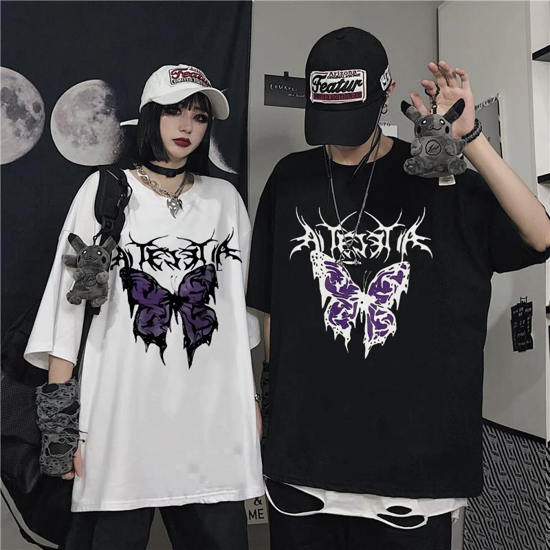 Футболка в стиле панк Безразмерные бабочки Harajuku темно Топы мужской моды Swag