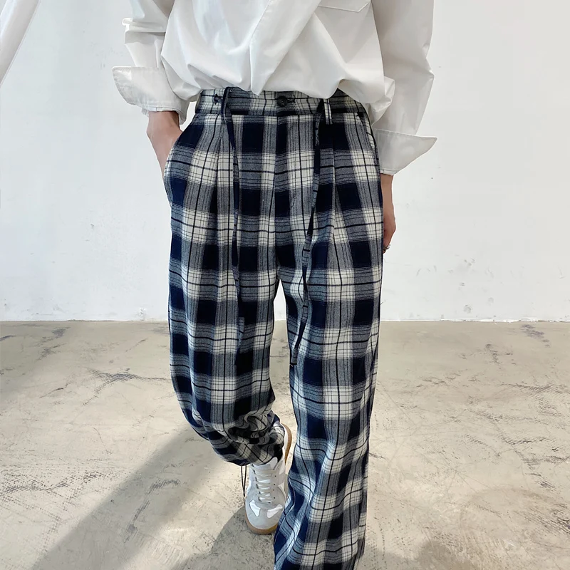 

2021 Spring Thin Plaid Pants Men's Fashion Retro Casual Pants Men Streetwear Wild Loose Drawstring Straight Trousers Mens S-2XL